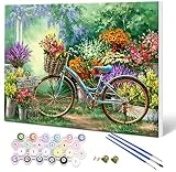 Fuumuui Pintura por números, para adultos y niños, para principiantes, cuadro con marco, incluye pinceles y pinturas acrílicas, 40 x 50 cm, paisaje, flores y bicicleta